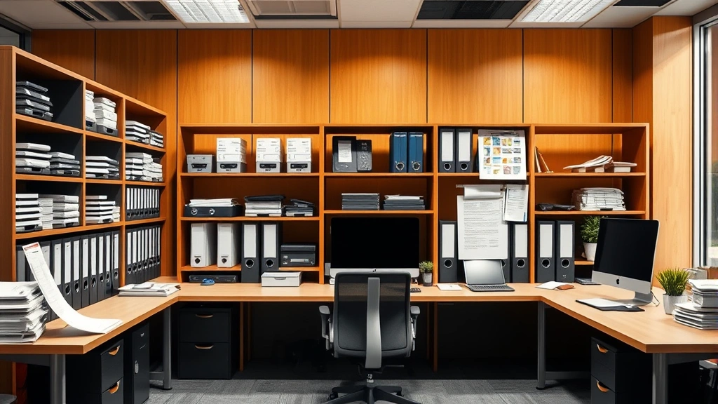 Corporate office workspace showing organized filing systems, modern management tools, and professional documentation setup representing business efficiency and operational excellence