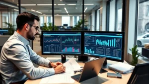 Professional insurance broker in modern office analyzing specialty coverage policies with digital risk assessment data displayed on computer monitors showing analytics and underwriting information