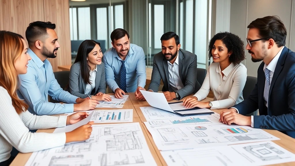 Diverse business team collaborating in conference room during insurance risk assessment meeting with architectural blueprints and risk analysis documents spread across table
