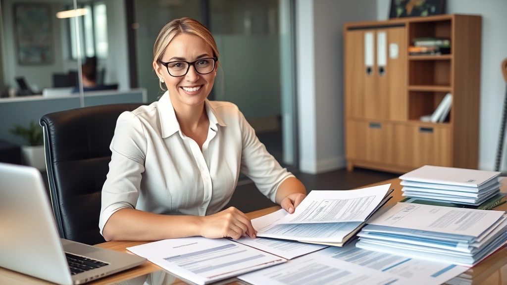 Confident insurance underwriter at desk reviewing specialty policy documentation with client folders and financial reports in professional corporate office environment