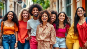 Young diverse people wearing colorful, playful clothing in an urban street setting, vibrant colors and comfortable silhouettes, natural daylight, candid lifestyle photography capturing genuine joy and self-expression through fashion choices