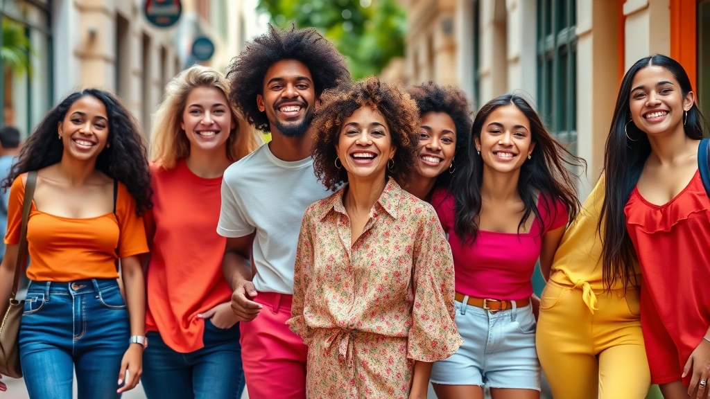 Young diverse people wearing colorful, playful clothing in an urban street setting, vibrant colors and comfortable silhouettes, natural daylight, candid lifestyle photography capturing genuine joy and self-expression through fashion choices