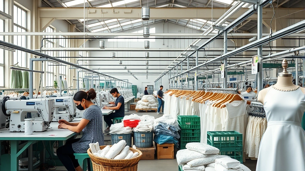 Modern sustainable fashion manufacturing facility showing workers in safe conditions, quality control stations with organic cotton and recycled materials, natural lighting, professional industrial environment emphasizing ethical production practices