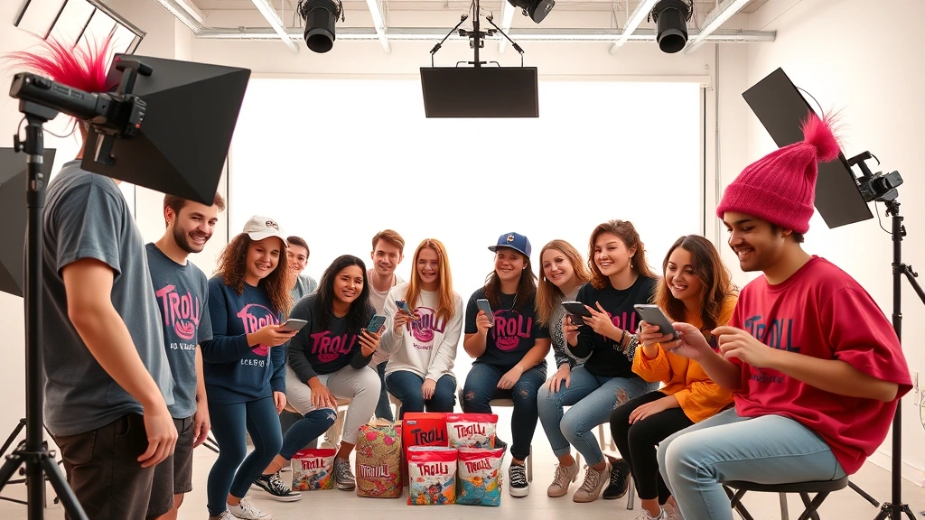 Diverse group of young adults creating content in bright studio space with Troll Clothing products, social media content creation setup, genuine interaction and engagement, representing community-driven marketing and user-generated content culture