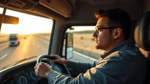 Professional truck driver in modern cab with digital dashboard displays, hands on steering wheel, highway stretching ahead, morning light, concentration on face, modern tractor-trailer visible through windshield