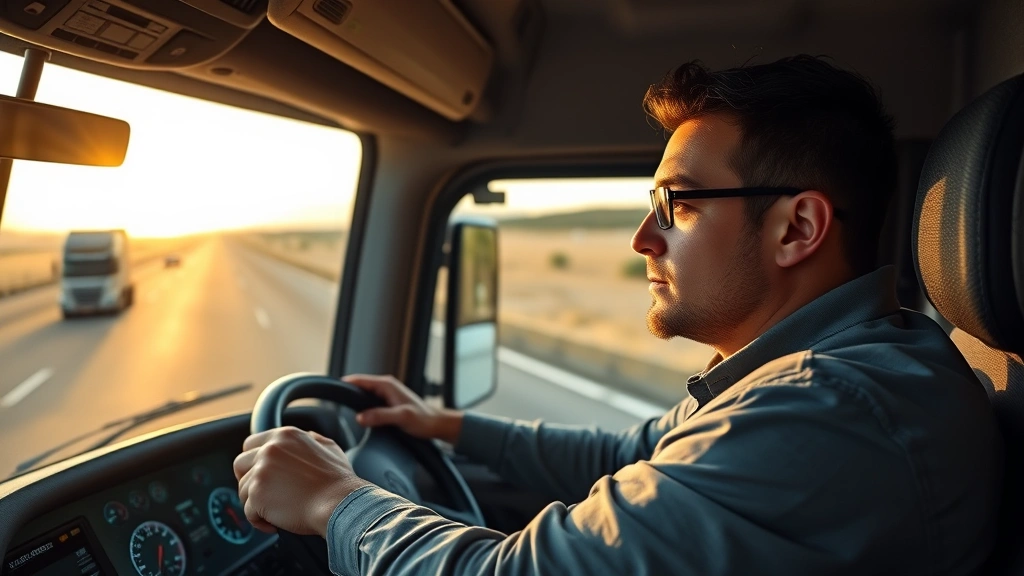 Professional truck driver in modern cab with digital dashboard displays, hands on steering wheel, highway stretching ahead, morning light, concentration on face, modern tractor-trailer visible through windshield