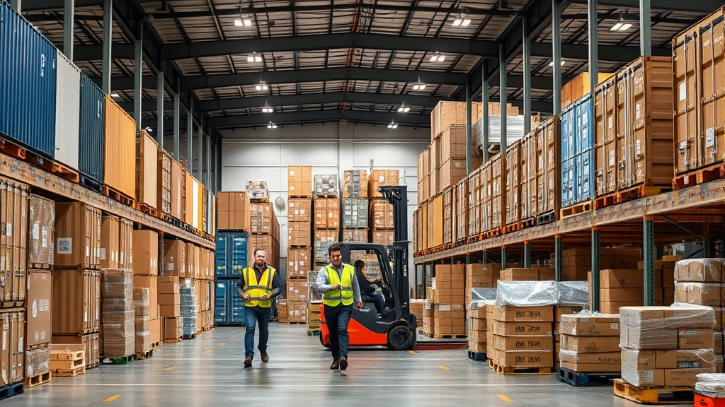 Logistics warehouse interior with rows of organized shipping containers and pallets, forklift in background, workers in safety vests managing inventory, industrial lighting, organized operations floor