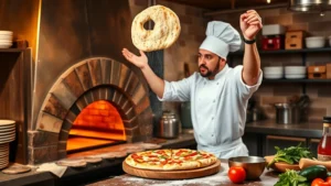 Professional pizzeria kitchen with wood-fired oven, chef in white uniform tossing fresh pizza dough in the air, warm lighting, flour dust particles visible, rustic Italian-inspired setting, high-quality ingredients on countertop