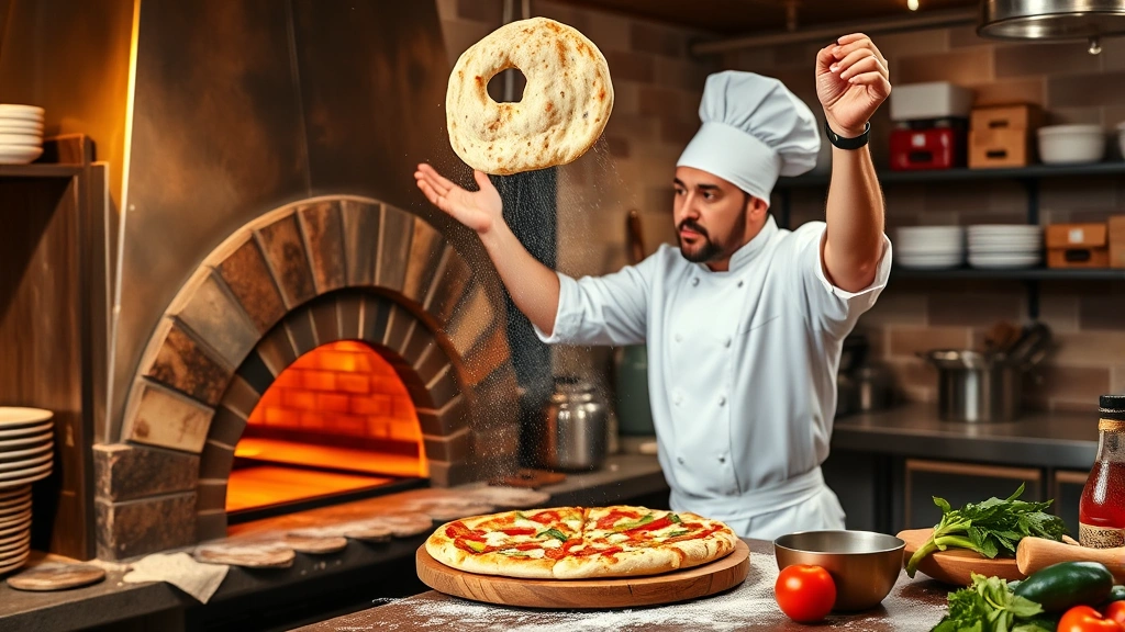 Professional pizzeria kitchen with wood-fired oven, chef in white uniform tossing fresh pizza dough in the air, warm lighting, flour dust particles visible, rustic Italian-inspired setting, high-quality ingredients on countertop