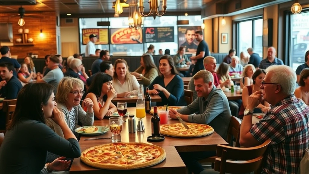 Busy casual pizzeria dining room with families and groups enjoying meals together, warm ambient lighting, wooden tables and chairs, casual atmosphere, people laughing and eating pizza, community gathering space feel