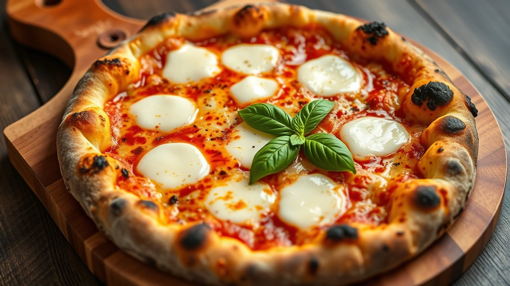 Close-up of artisanal pizza on wooden serving board with melted mozzarella, fresh basil garnish, wood-fired crust with charred spots, professional food photography, appetizing presentation, rustic Italian styling