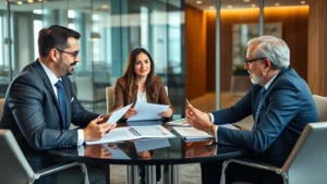 Professional wealth advisor meeting with high-net-worth clients in modern office conference room, reviewing financial documents and discussing investment strategies, natural lighting, corporate setting