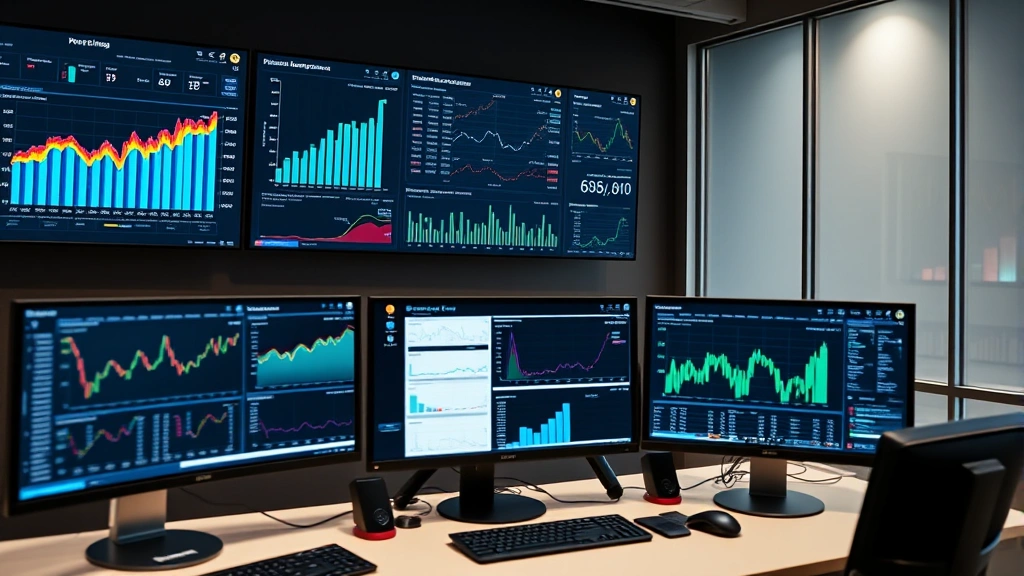 Advanced financial technology dashboard displaying real-time portfolio data, asset allocations, and market analytics on multiple computer monitors in professional trust company operations center