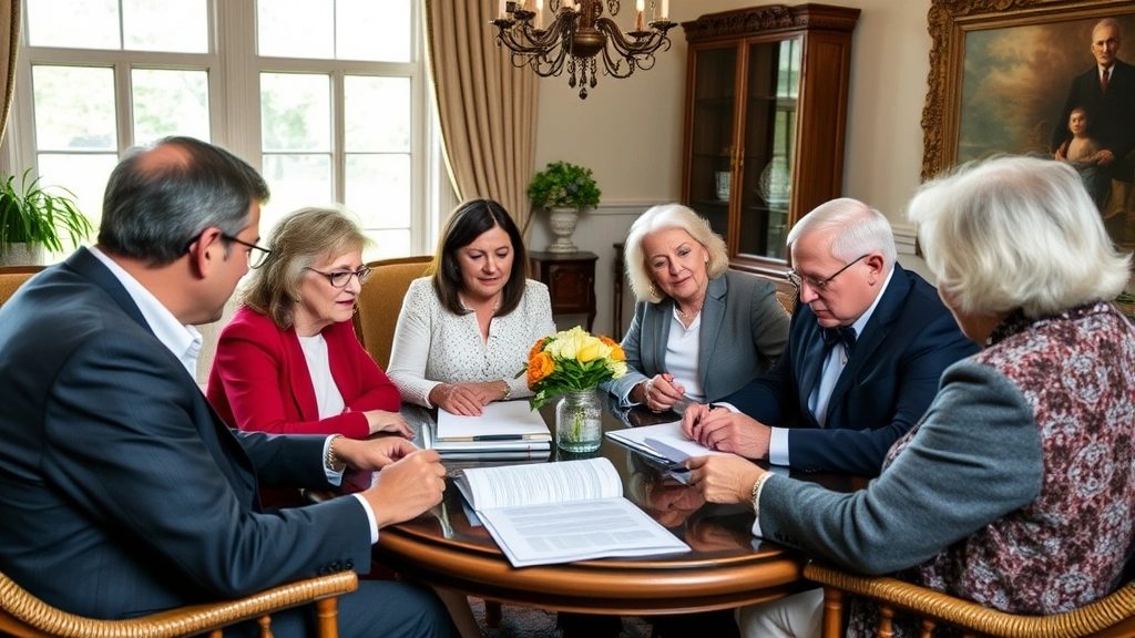Multi-generational family gathered in elegant estate setting discussing wealth planning and inheritance, showing intergenerational transfer of knowledge and assets in formal but warm environment