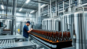 Professional beverage production facility with craft brewery equipment, workers inspecting bottles, modern quality control systems, stainless steel tanks, focused lighting on production process, photorealistic corporate environment