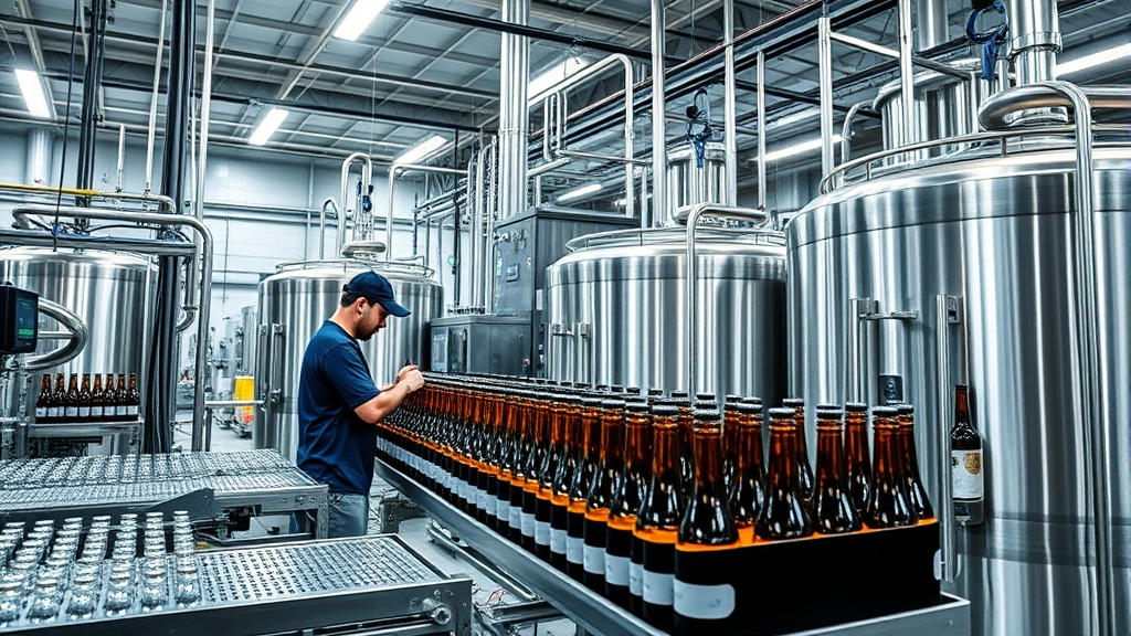 Professional beverage production facility with craft brewery equipment, workers inspecting bottles, modern quality control systems, stainless steel tanks, focused lighting on production process, photorealistic corporate environment