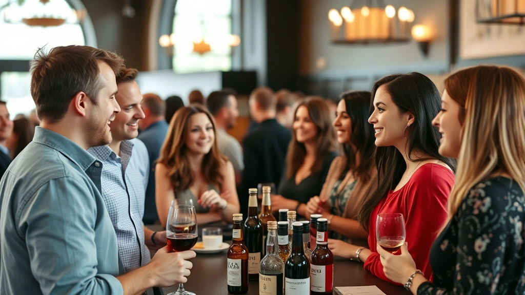 Founder leading tasting event with diverse consumers in upscale venue, genuine smiling conversations, craft beverage bottles displayed, natural warm lighting, authentic community engagement atmosphere