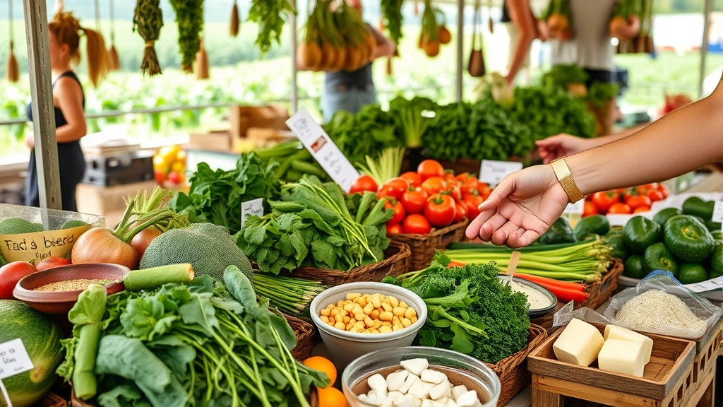 Sustainable ingredient sourcing scene with farmers market setting, fresh organic produce, specialty ingredients on display, hands examining quality products, natural daylight, authentic agricultural background