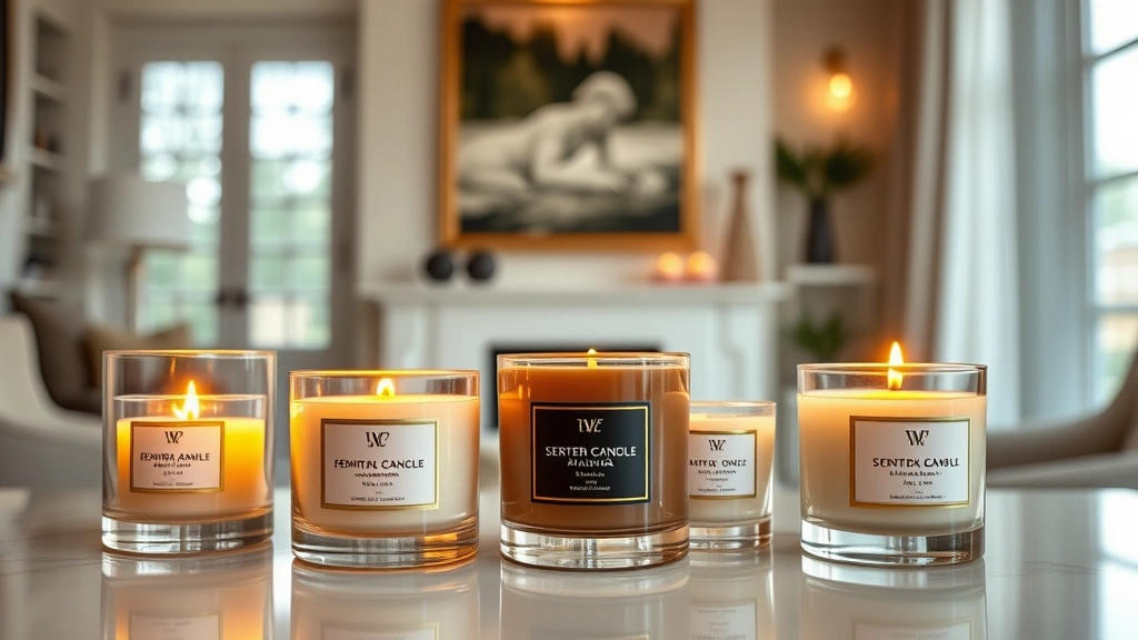 Luxury scented candles displayed in elegant home setting, warm ambient lighting, premium glass containers with wooden wicks, lifestyle photography showcasing interior design aesthetic