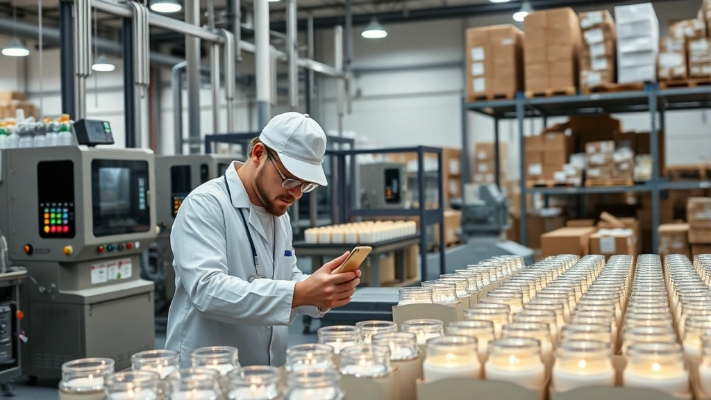 Modern candle manufacturing facility, quality control technician inspecting finished products, advanced production equipment, organized warehouse with premium packaging materials, professional corporate environment