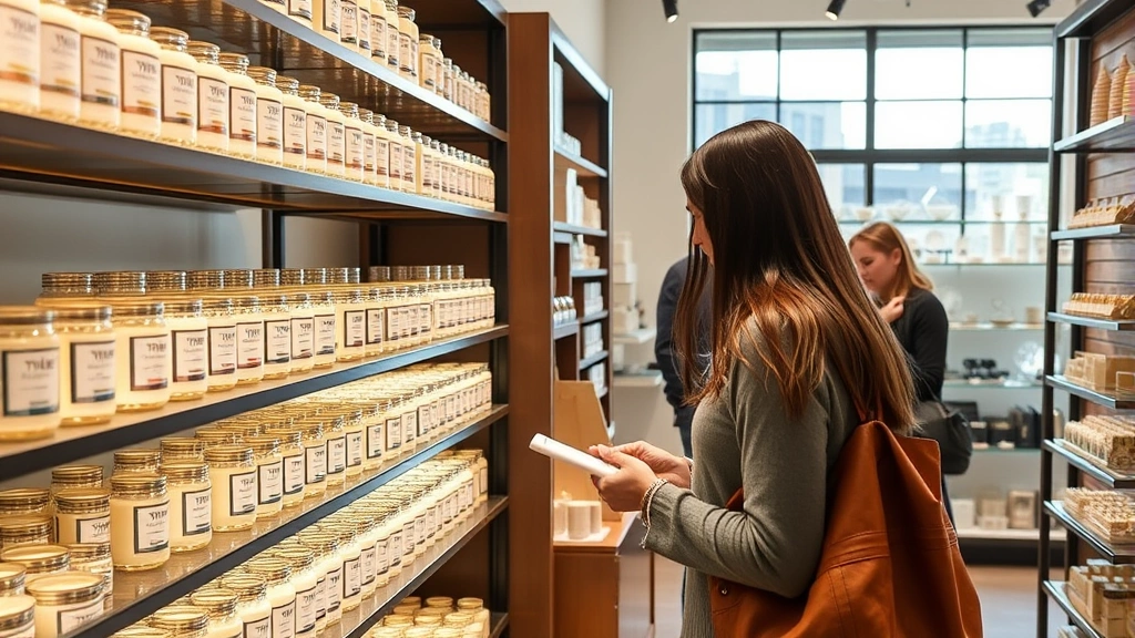 Customer shopping in upscale home fragrance retail store, examining Tyler candle products on display shelves, natural lighting, premium retail environment with sophisticated merchandise presentation