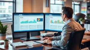 Professional HR manager at desk with dual monitors displaying cloud-based payroll management dashboard, modern office environment with warm lighting, organized workspace with documents and coffee cup nearby