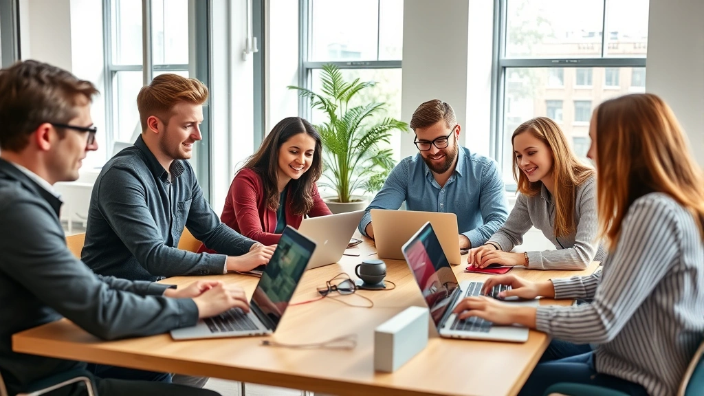 Diverse team of employees in casual office setting collaborating at conference table with laptops, representing multi-user access and team-based HR operations, bright natural lighting from windows, contemporary workplace