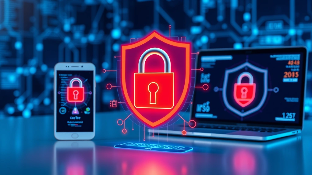 Cybersecurity concept showing secure digital lock and shield symbols protecting data on smartphone and laptop screens, representing multi-factor authentication and secure remote login, professional technology background with blue lighting
