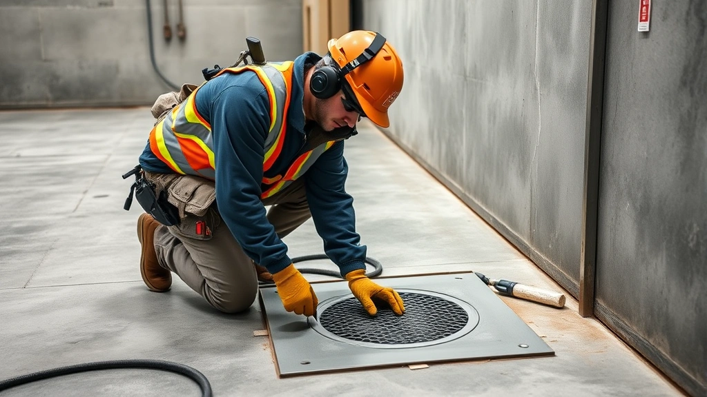 Technician installing commercial-grade floor safe in concrete, wearing professional uniform and safety equipment, using specialized tools in secure facility setting, professional installation environment
