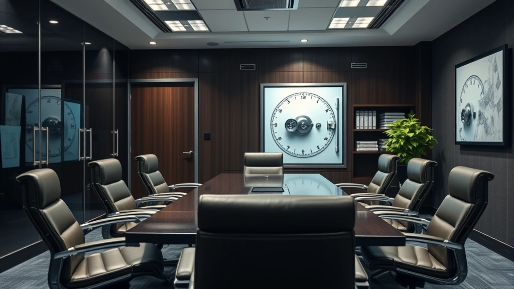 Executive conference room with high-security safe visible, professional business setting with leather chairs, modern furnishings, and secure document storage, corporate security infrastructure