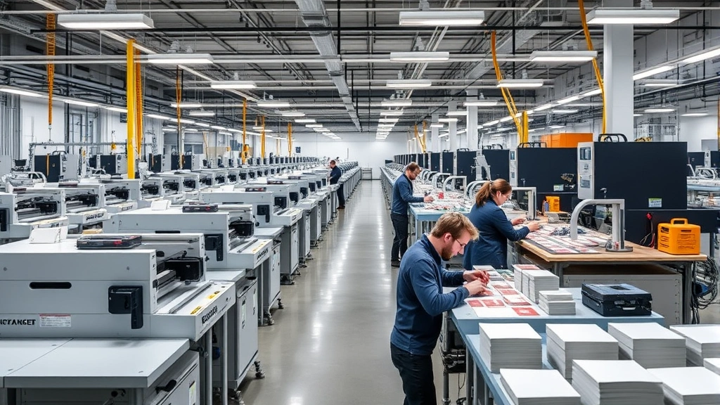 Professional manufacturing facility with precision card cutting equipment and quality control workstations, modern industrial setting with workers in professional attire inspecting cards under bright lighting, organized production floor with advanced machinery