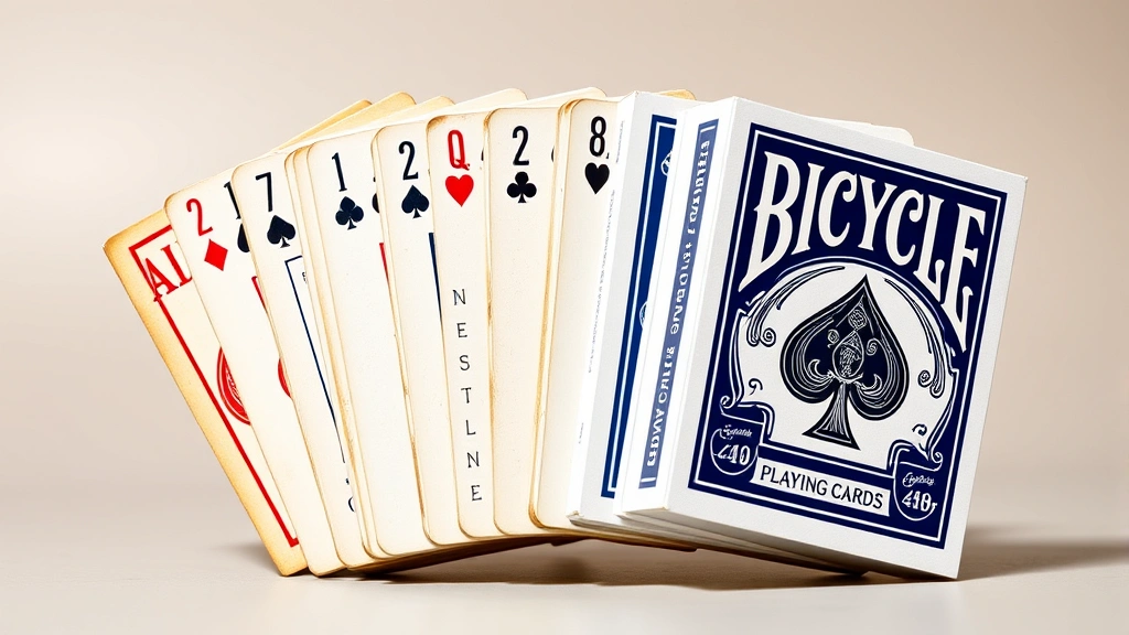 Vintage and modern Bicycle playing card decks displayed together showing design evolution, cards fanned out to display back design and quality finish, premium card stock with professional photography against neutral background