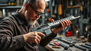 Master gunsmith carefully hand-finishing premium firearm receiver in well-equipped workshop, holding finished component up to light for inspection, detailed workbench with precision tools visible, professional studio lighting highlighting metalwork craftsmanship