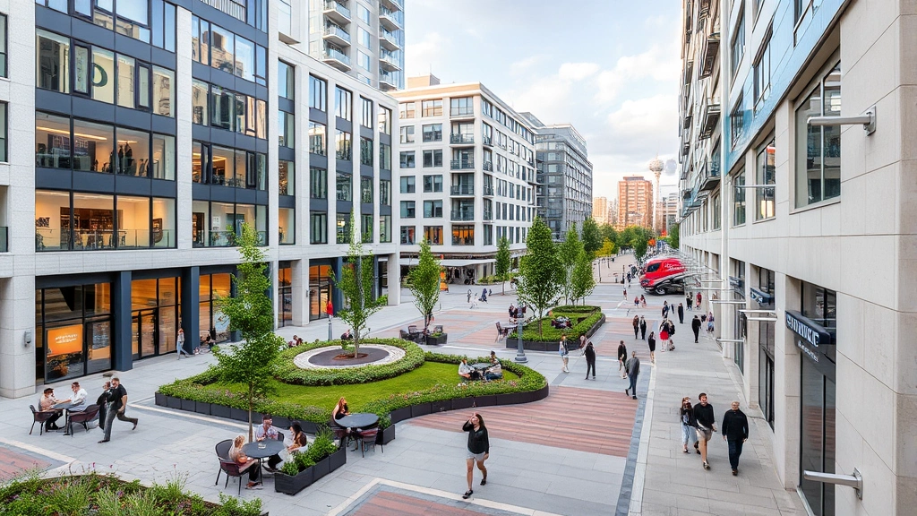 Modern urban plaza with mixed-use buildings, outdoor seating areas, pedestrians walking, green spaces integrated, contemporary architecture, vibrant street-level activity, professional photography, daytime lighting