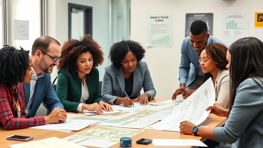 Community engagement meeting with diverse residents and urban planners reviewing development plans at table, collaborative discussion, inclusive representation, professional office or community center setting, contemporary photography