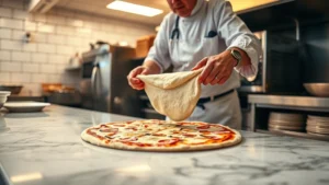 Commercial pizza kitchen showing chef stretching fresh dough over marble surface, golden lighting illuminating the craftsmanship, stainless steel equipment visible in background, Italian-style pizza preparation technique