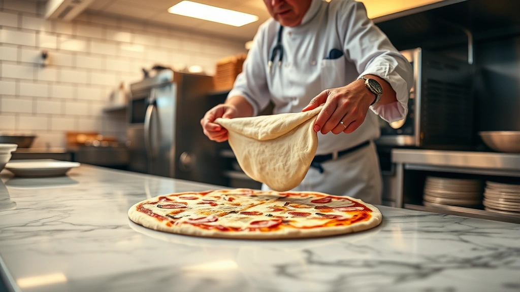 Commercial pizza kitchen showing chef stretching fresh dough over marble surface, golden lighting illuminating the craftsmanship, stainless steel equipment visible in background, Italian-style pizza preparation technique