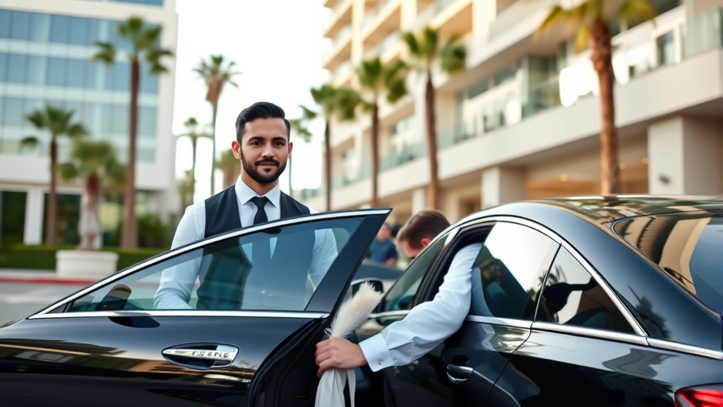 Professional valet attendant in formal uniform assisting luxury vehicle owner in upscale Long Beach hotel driveway, modern architecture background, daytime, sophisticated atmosphere