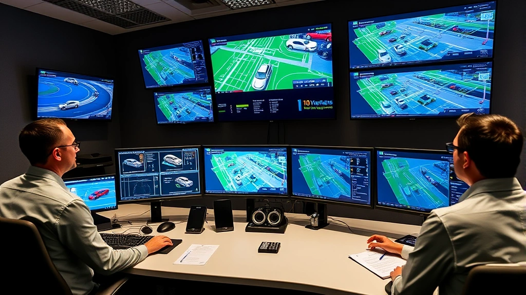 State-of-the-art valet management control center with multiple monitors displaying real-time parking lot tracking systems, digital vehicle location mapping, professional staff monitoring operations