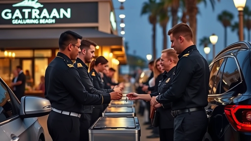 Busy upscale restaurant valet stand in Long Beach with multiple uniformed attendants professionally handling vehicle keys and customer interactions, elegant storefront, evening ambient lighting