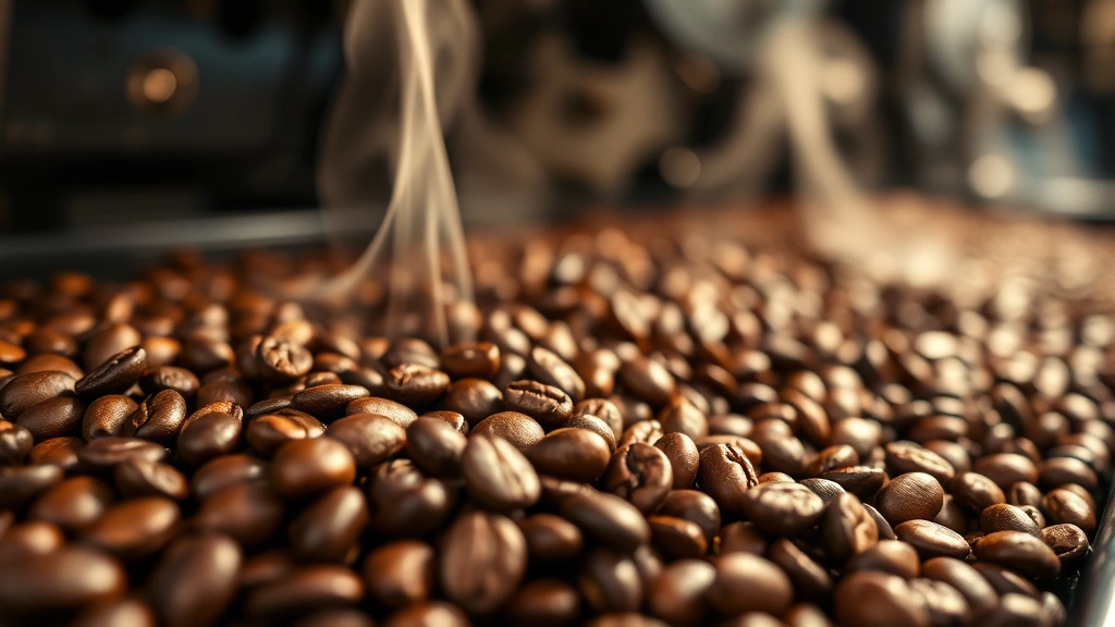 Close-up of freshly roasted coffee beans in a professional roastery, steam rising, warm lighting, shallow depth of field highlighting rich brown colors and glossy surfaces