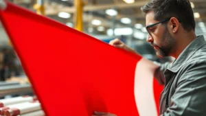 Close-up of premium flag fabric being inspected by experienced factory worker in professional manufacturing facility, natural lighting, showing textile quality and craftsmanship detail
