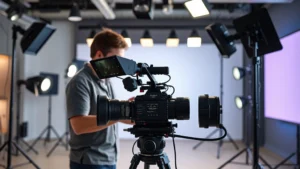 Professional videographer operating cinema camera in modern studio setting with professional lighting rigs, focus on cinematography expertise and equipment quality