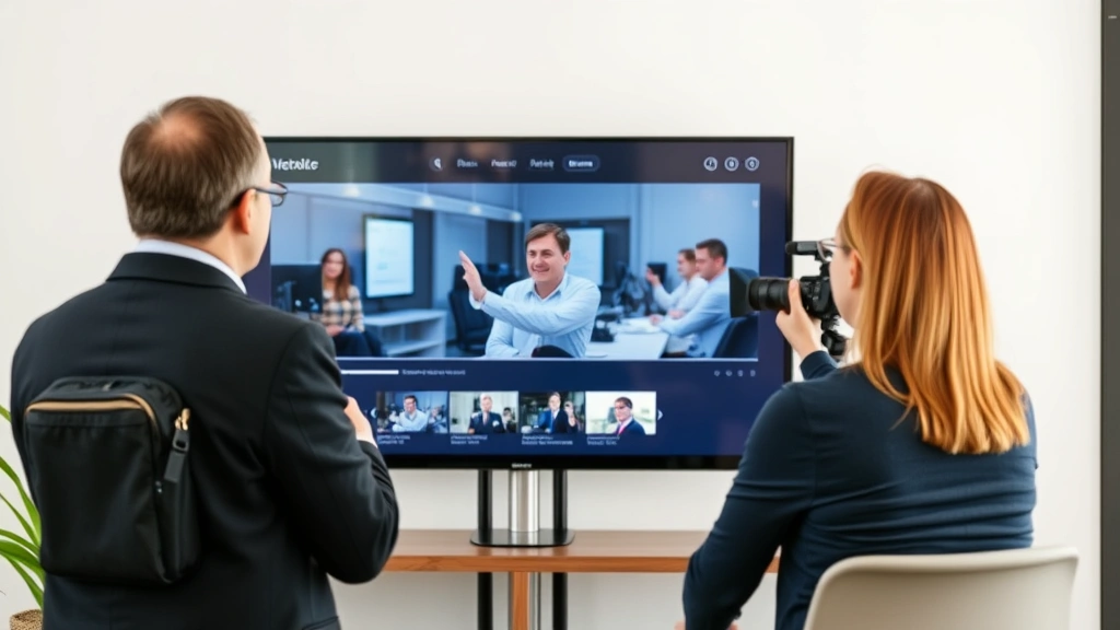 Corporate client reviewing final video production on professional display screen with videographer and editor present, showing successful project delivery and client satisfaction