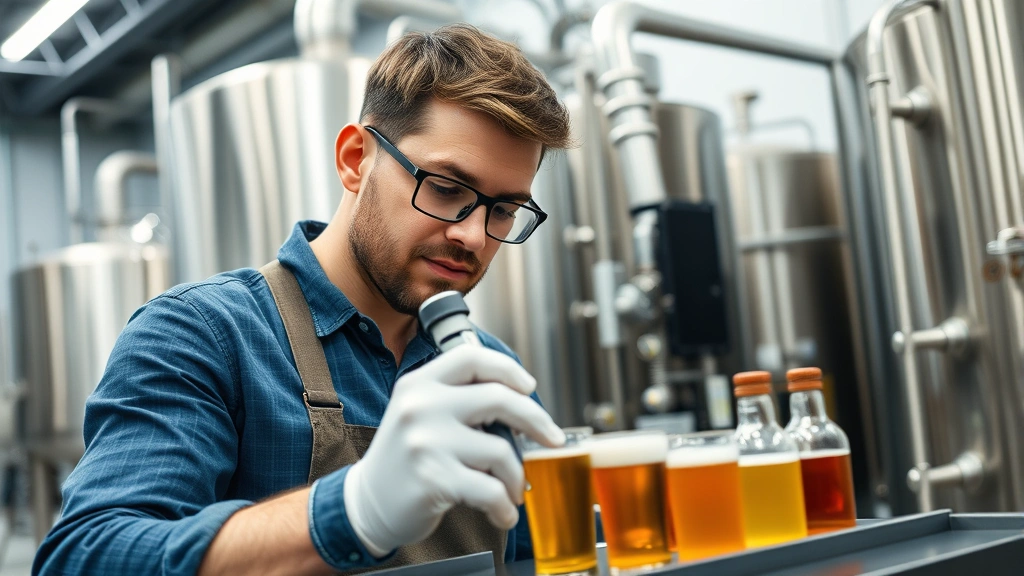Craft brewery founder in modern brewing facility, inspecting quality control samples with precision instruments, professional brewery environment with stainless steel equipment visible in background, focused and confident expression