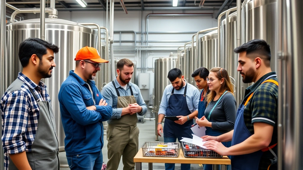 Team of brewery workers collaborating in production area, monitoring fermentation tanks and quality metrics, diverse group engaged in meaningful work, professional brewery setting with proper lighting and equipment