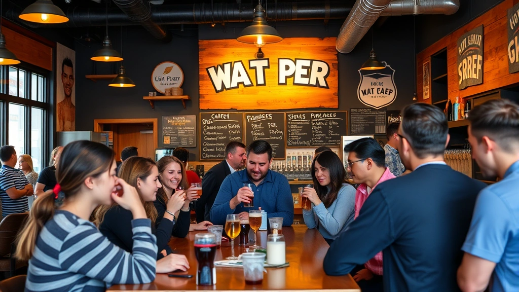 Taproom scene showing customers enjoying craft beverages in welcoming community space, diverse group in casual social setting, warm lighting and brand-consistent decor, authentic customer engagement moment