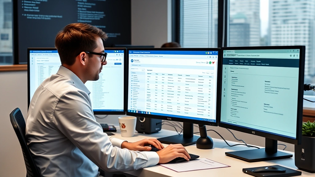 Professional business analyst at desk using laptop to search Virginia company database, with multiple monitors displaying business registration information and company details