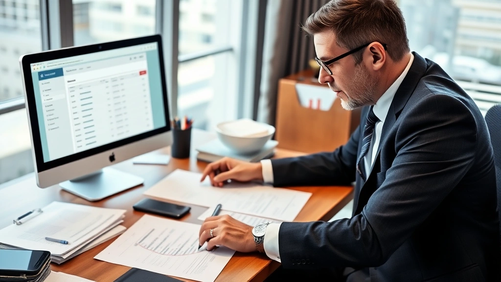 Confident executive reviewing corporate documents and company filings spread across desk with computer showing business lookup results and verification data