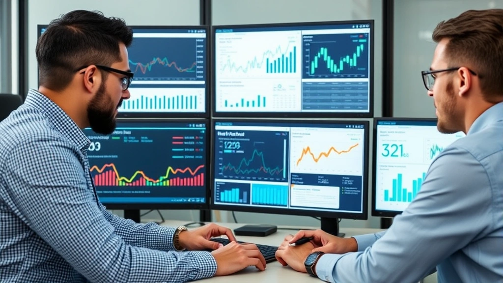 Business team conducting research meeting reviewing company intelligence on multiple computer screens with financial charts, analytics dashboards, and corporate information displayed